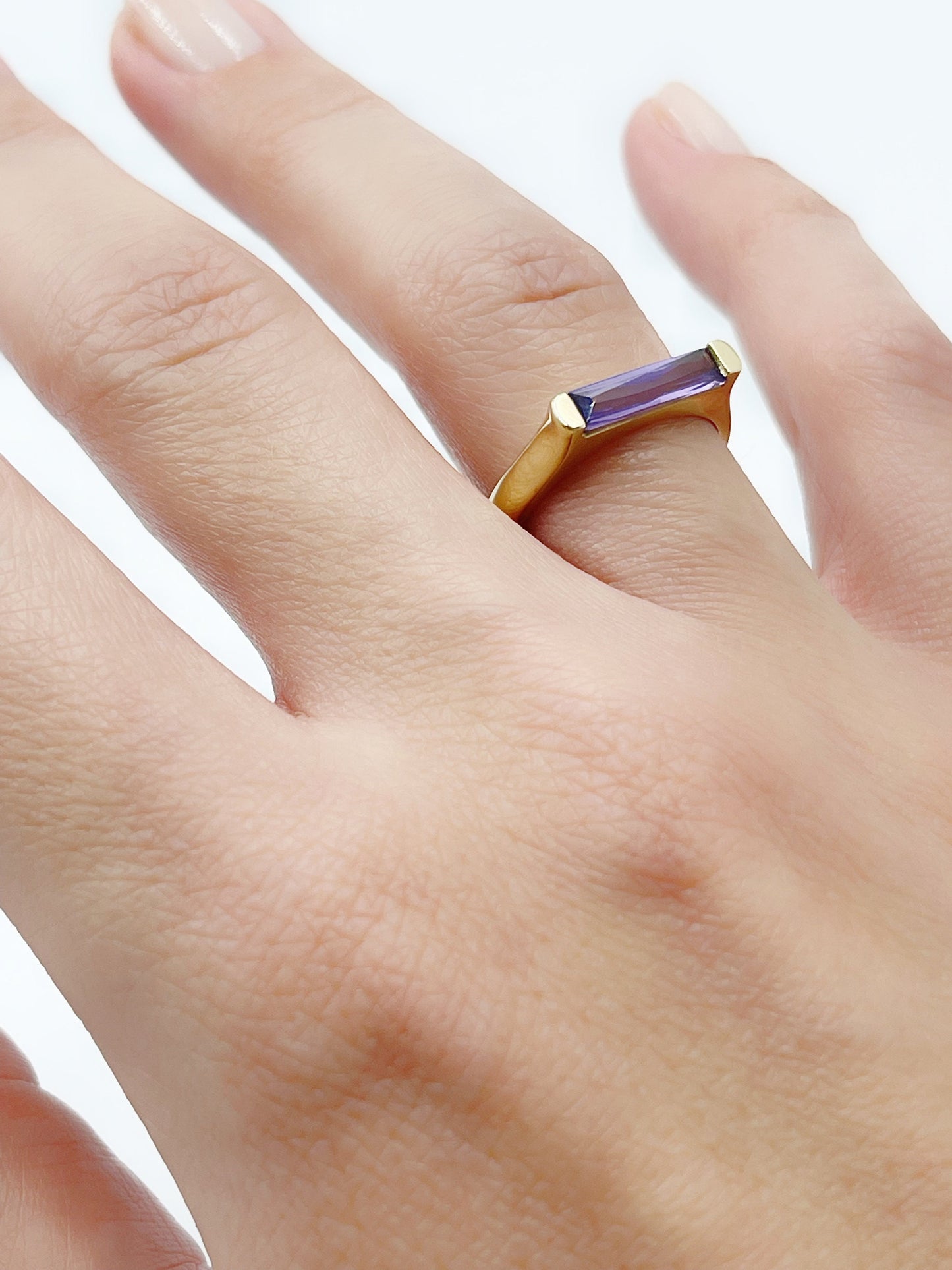 14k Gold Purple zircon Ring, 14k Baguette Pink Ring