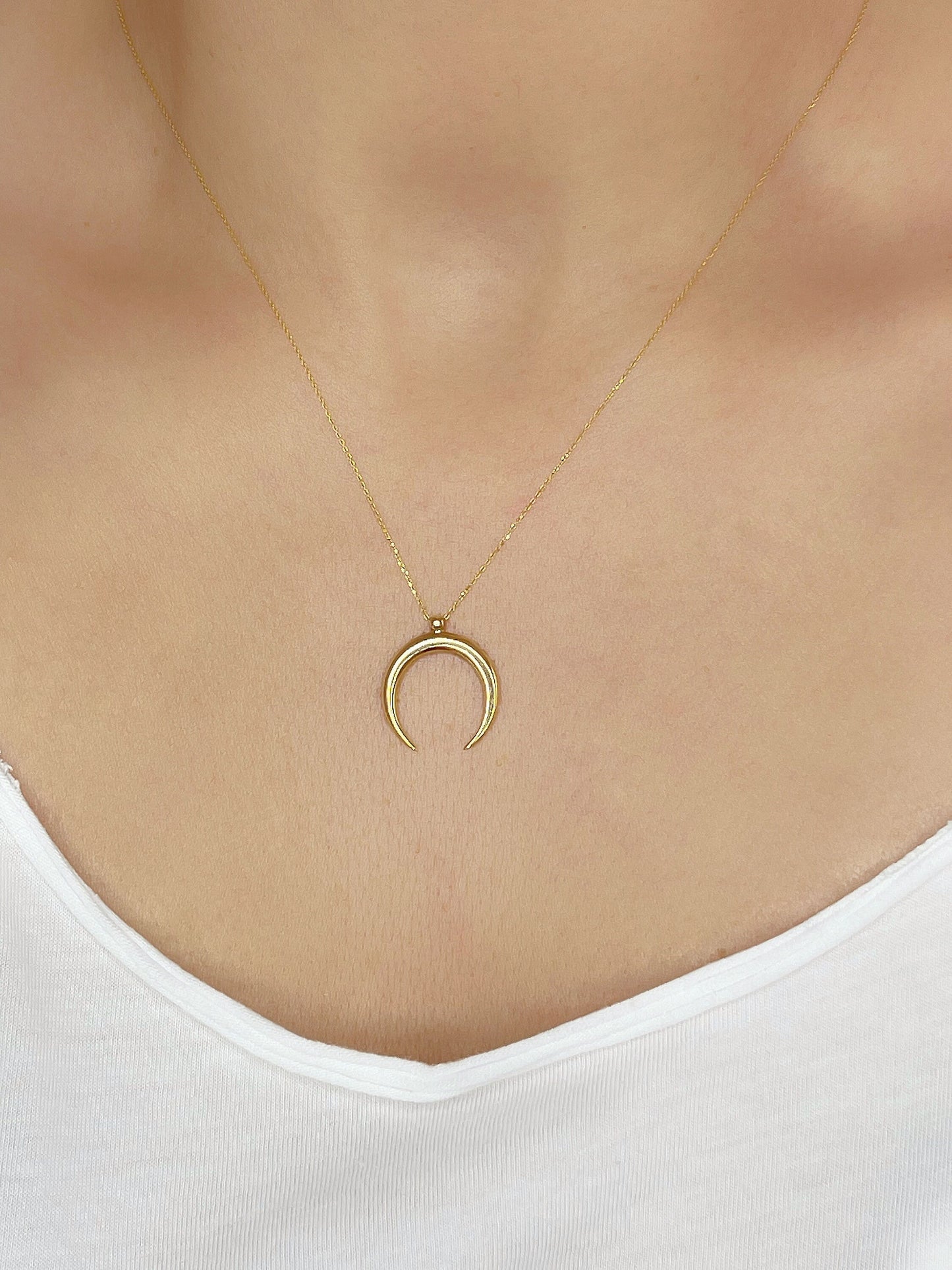 14k Solid Gold Moon Necklace,Real Gold Crescent Necklace