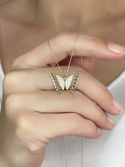 14k Solid Gold Butterfly Necklace,Butterfly Gold Pendant