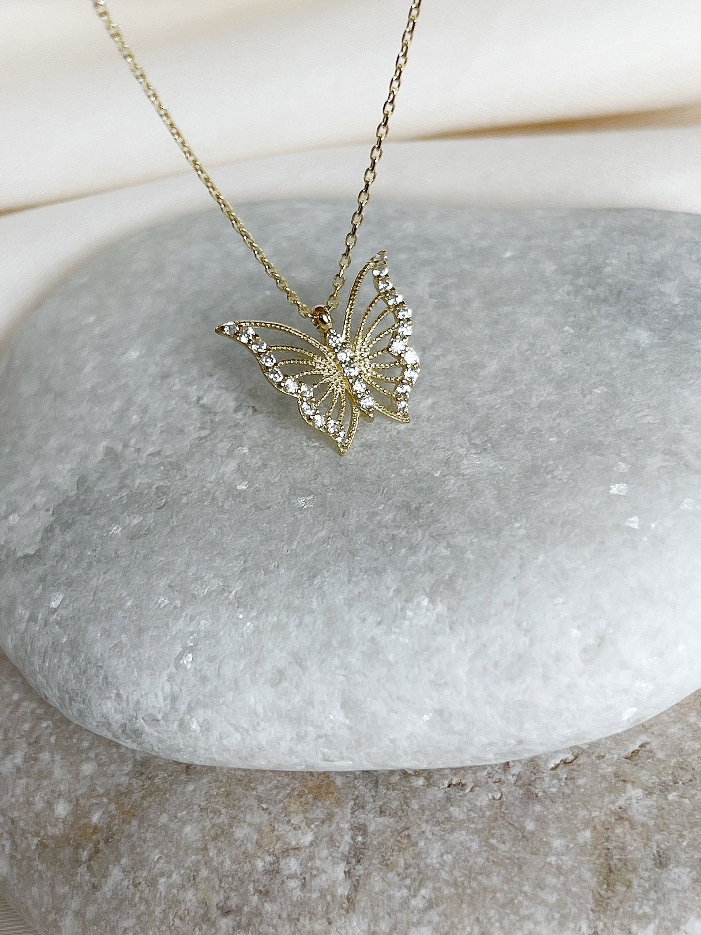 14k Solid Gold Butterfly Necklace,Butterfly Gold Pendant