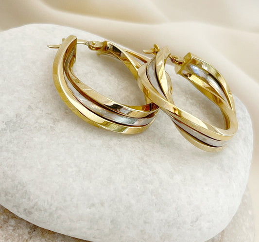 14K Solid Gold Double Hoop Earrings  Two-Color  Hoop Earrings