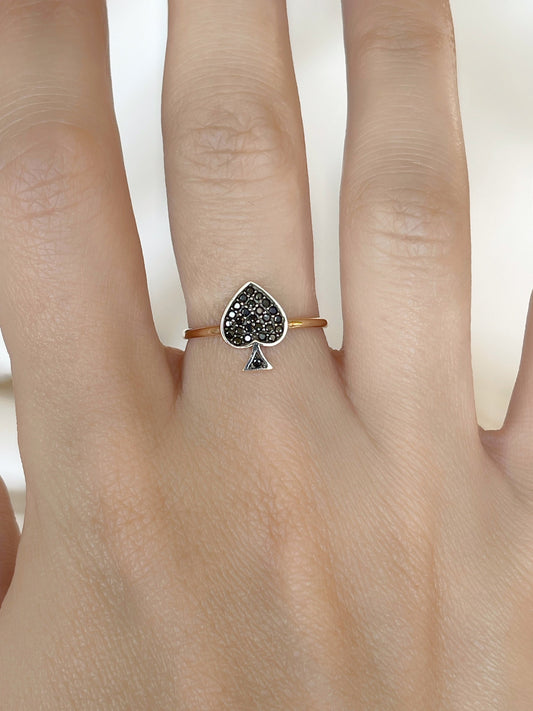 14K Solid Gold Black Heart Black Stone Ring