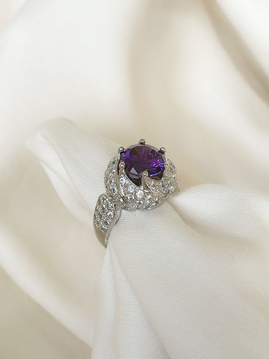 14K Solid Gold Genuine Amethyst and Diamond Engagement Ring