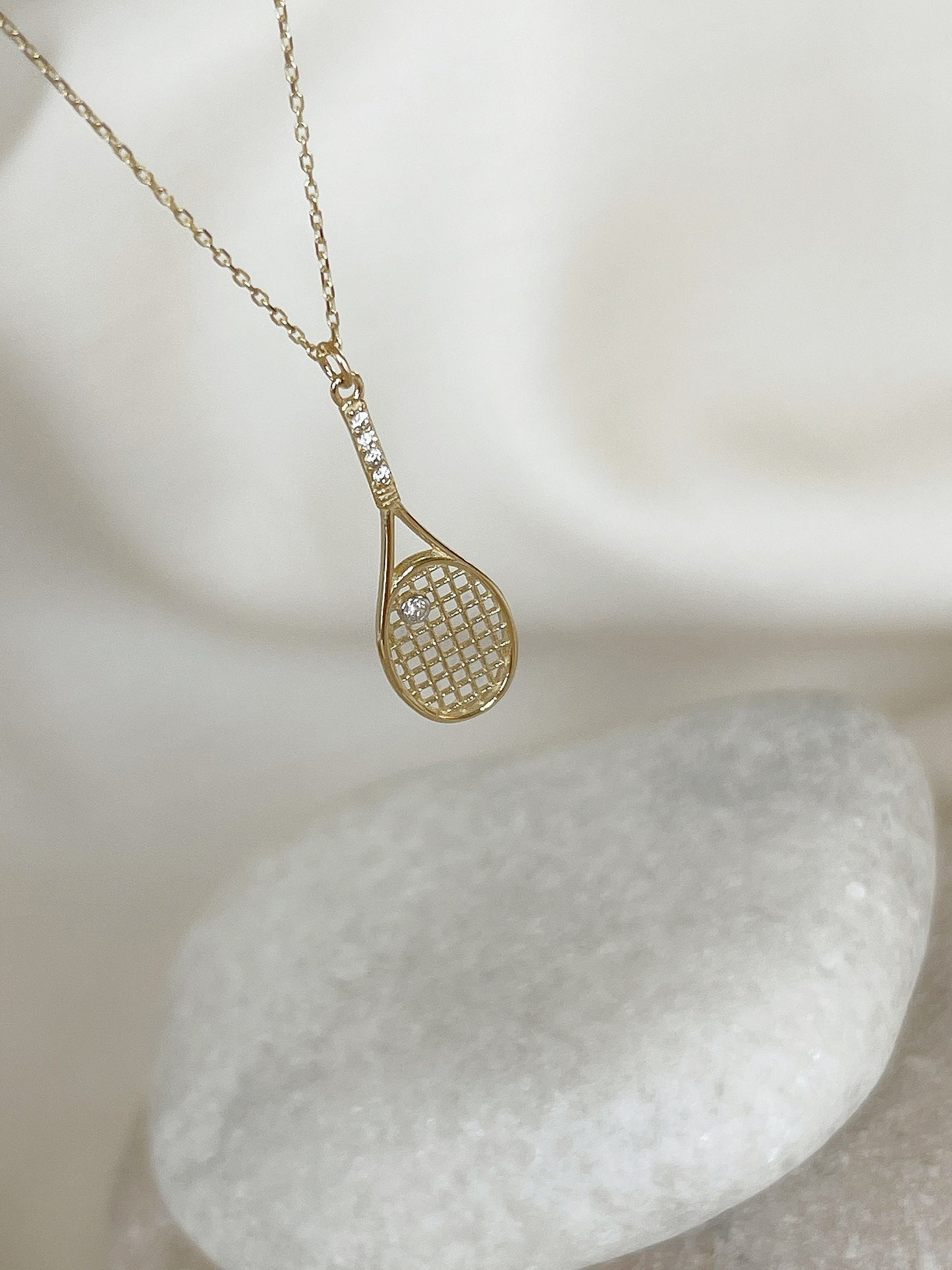 Tennis Racket Necklace, 14K Solid Gold Tennis Racquet Necklace