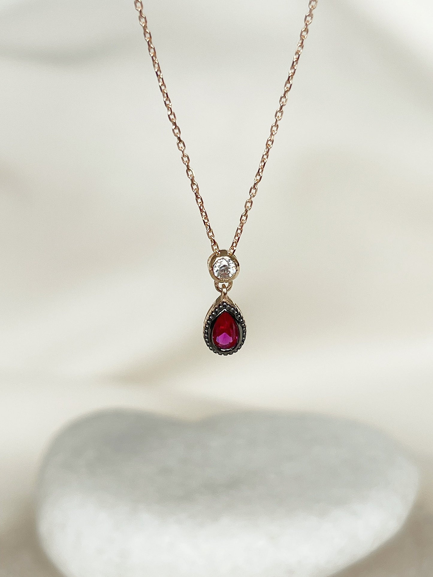 14Kt Gold Ruby Necklace, Ruby Pendant, Ruby Teardrop Necklace