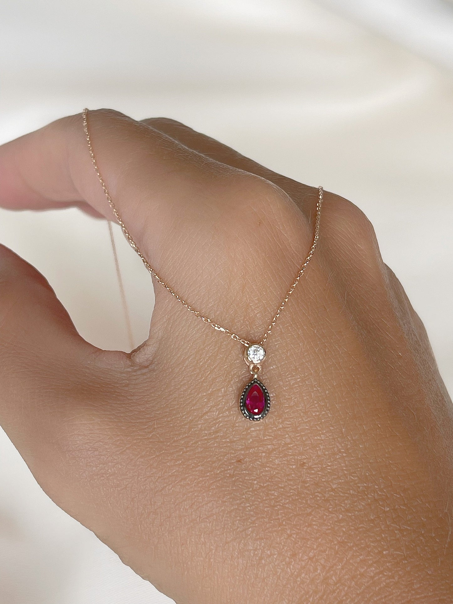 14Kt Gold Ruby Necklace, Ruby Pendant, Ruby Teardrop Necklace