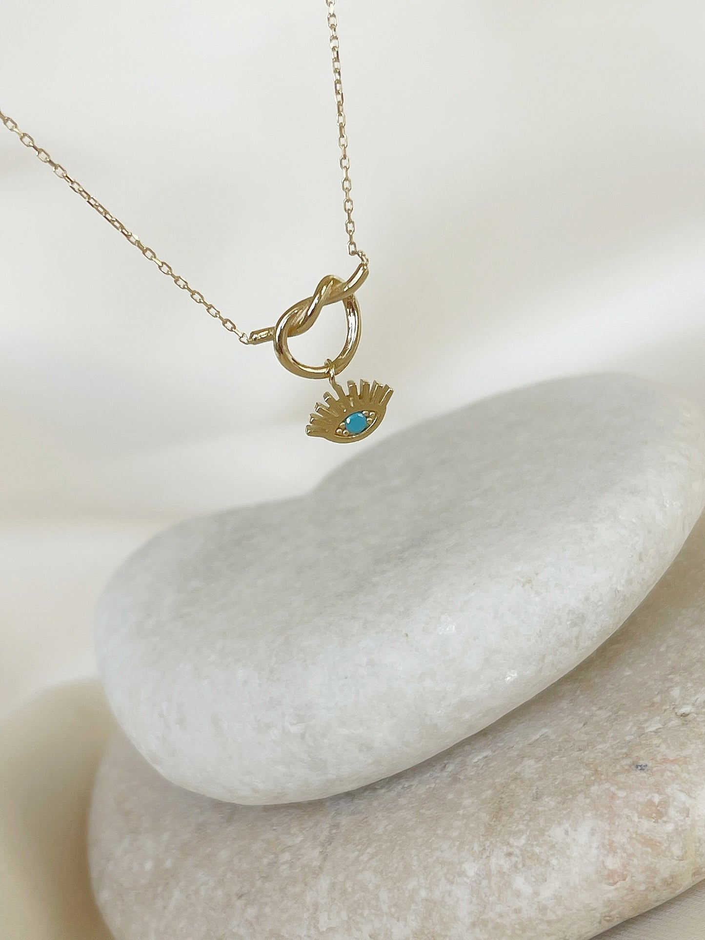 14k Solid Gold Necklace, Gold Knot Necklace, Round Evil Eye Necklace