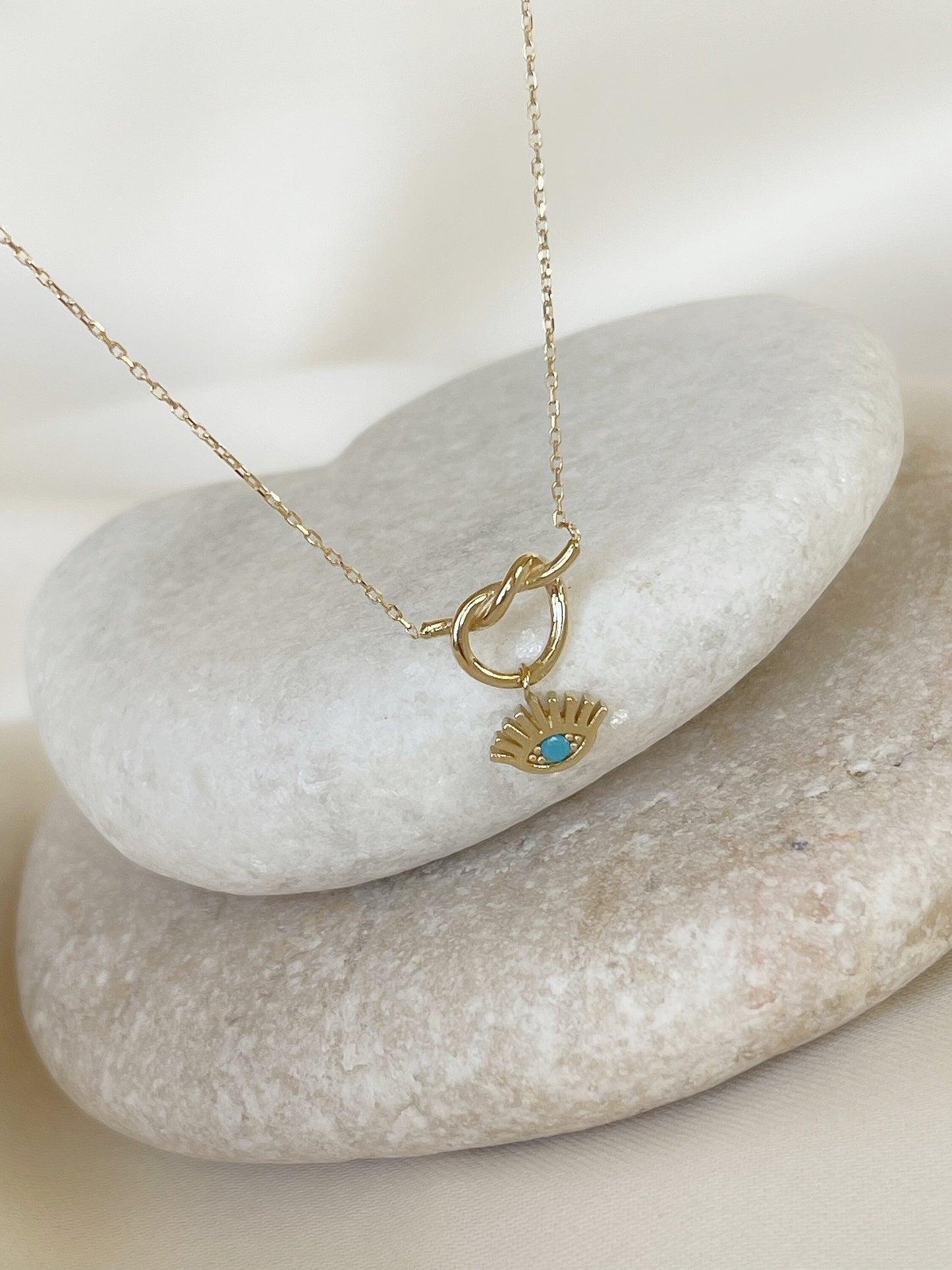 14k Solid Gold Necklace, Gold Knot Necklace, Round Evil Eye Necklace