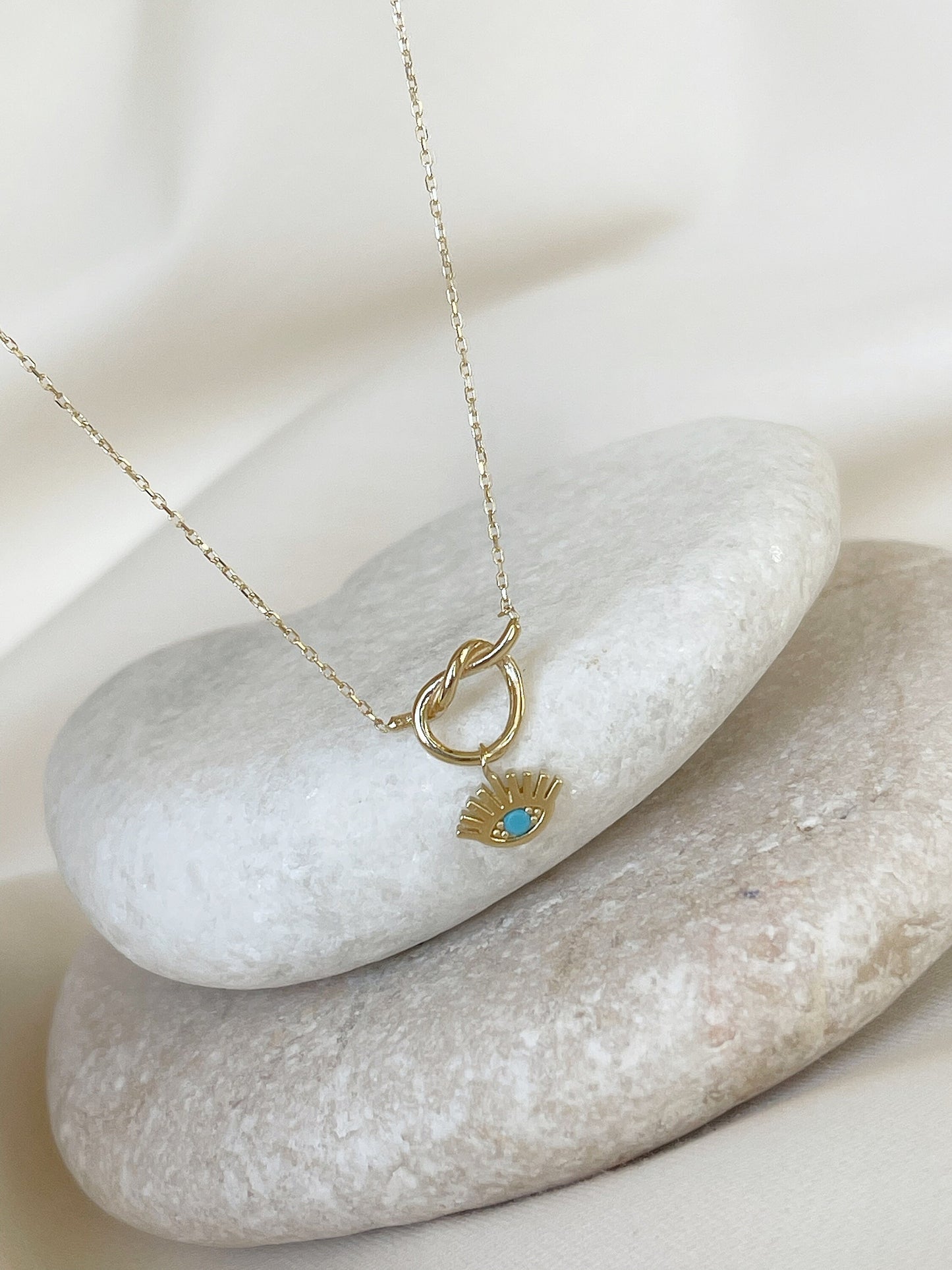 14k Solid Gold Necklace, Gold Knot Necklace, Round Evil Eye Necklace