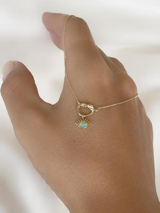 14k Solid Gold Necklace, Gold Knot Necklace, Round Evil Eye Necklace