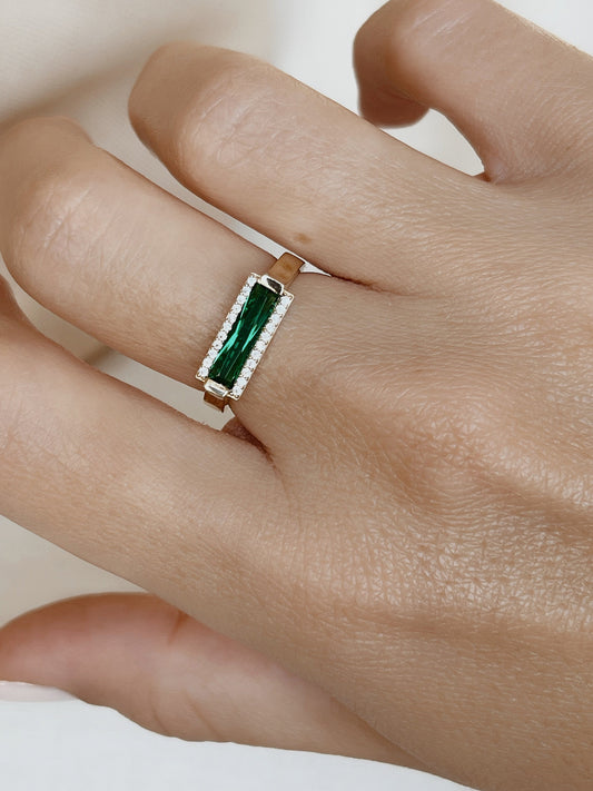 14k Solid Gold Emerald Bar Ring, 14k Gold Statement Ring