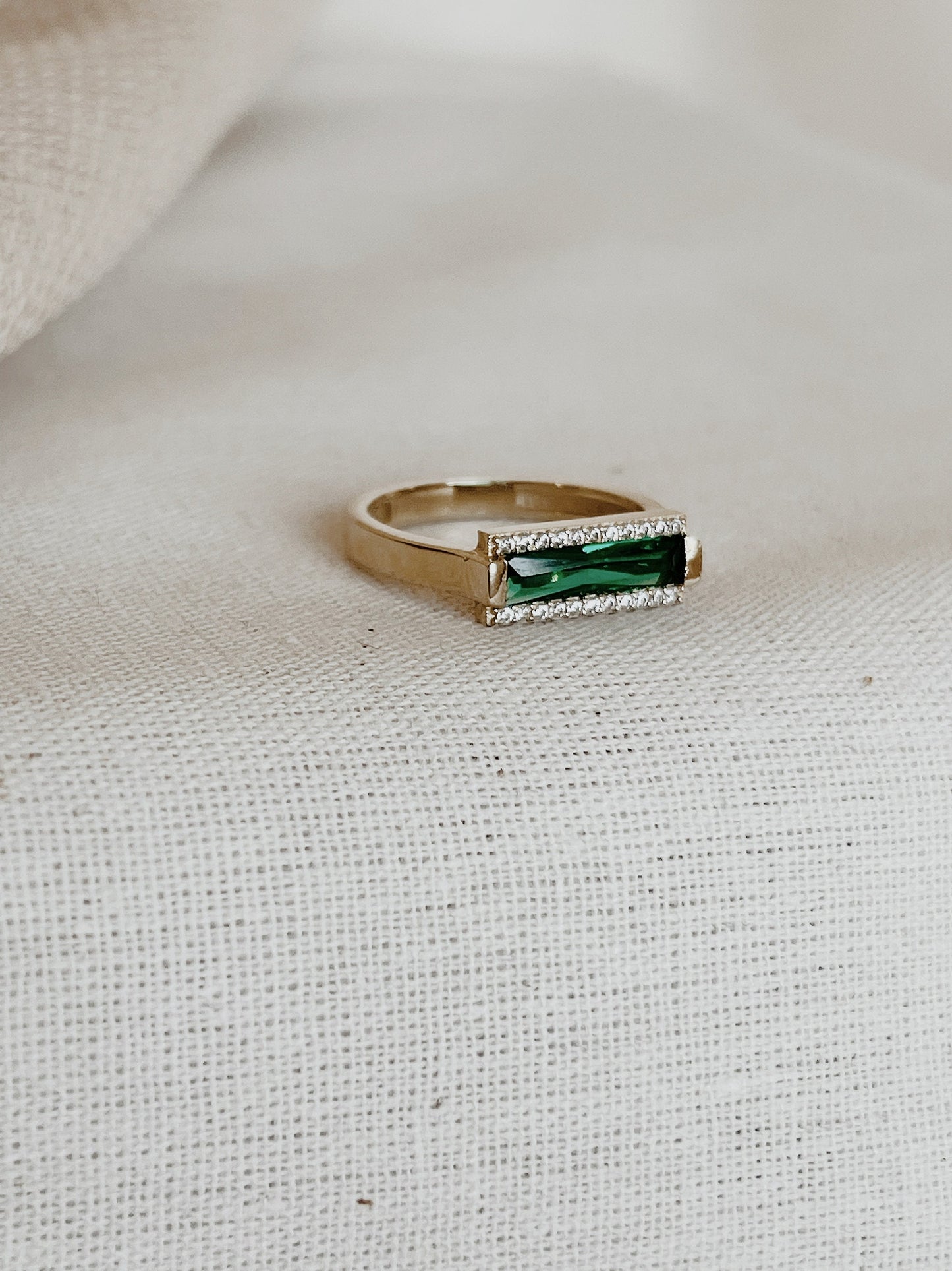 14k Solid Gold Emerald Bar Ring, 14k Gold Statement Ring