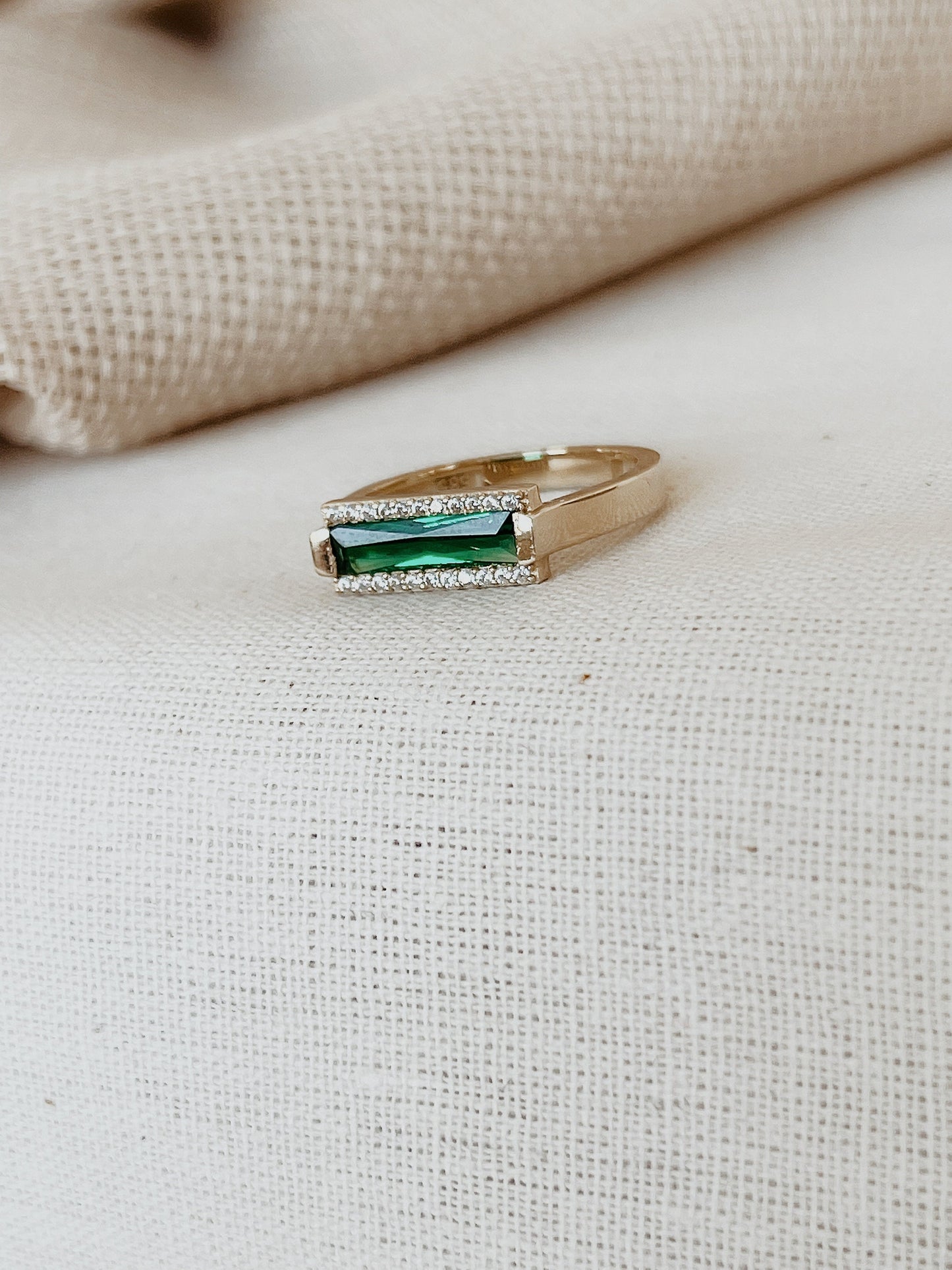 14k Solid Gold Emerald Bar Ring, 14k Gold Statement Ring