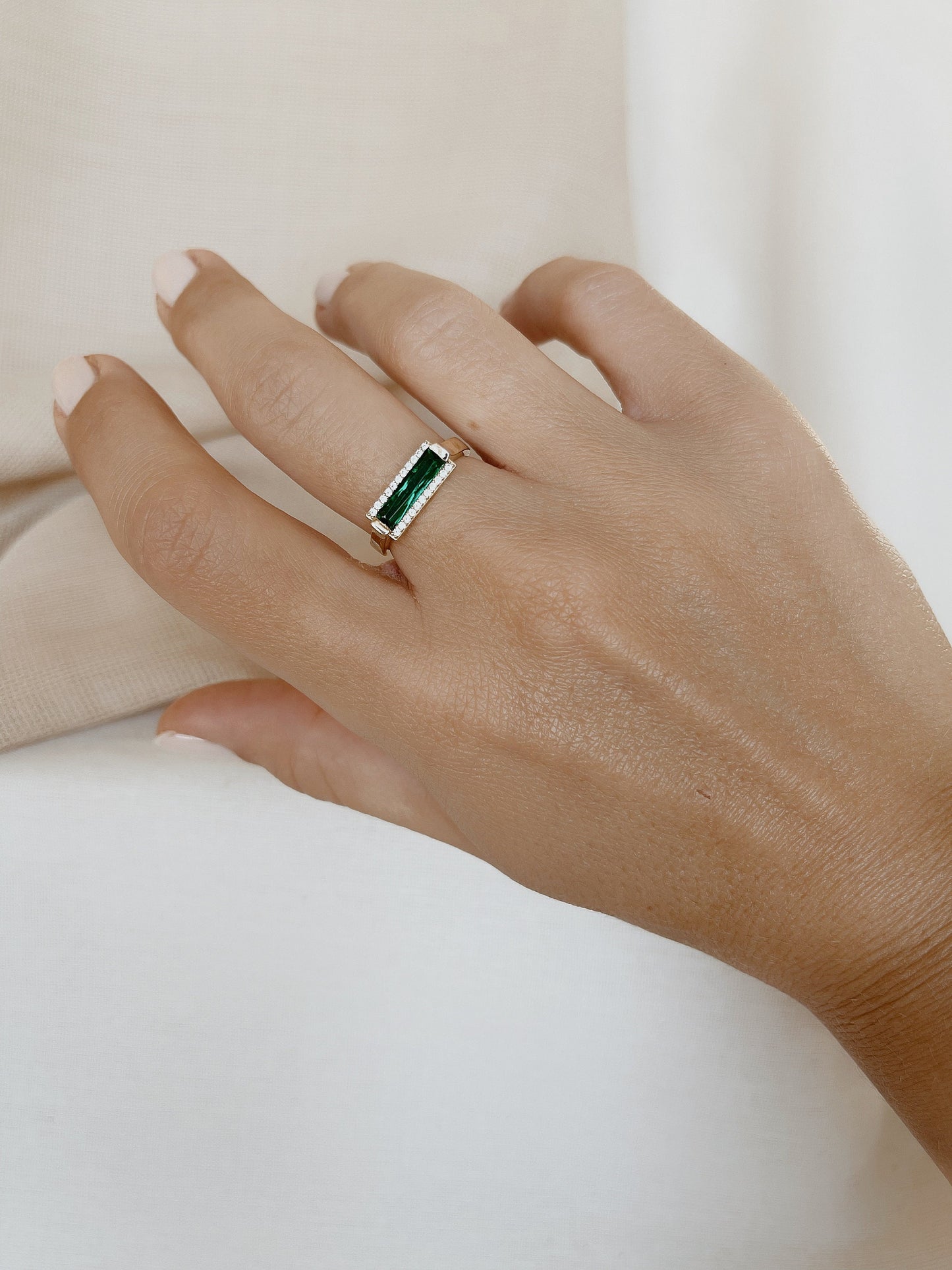 14k Solid Gold Emerald Bar Ring, 14k Gold Statement Ring