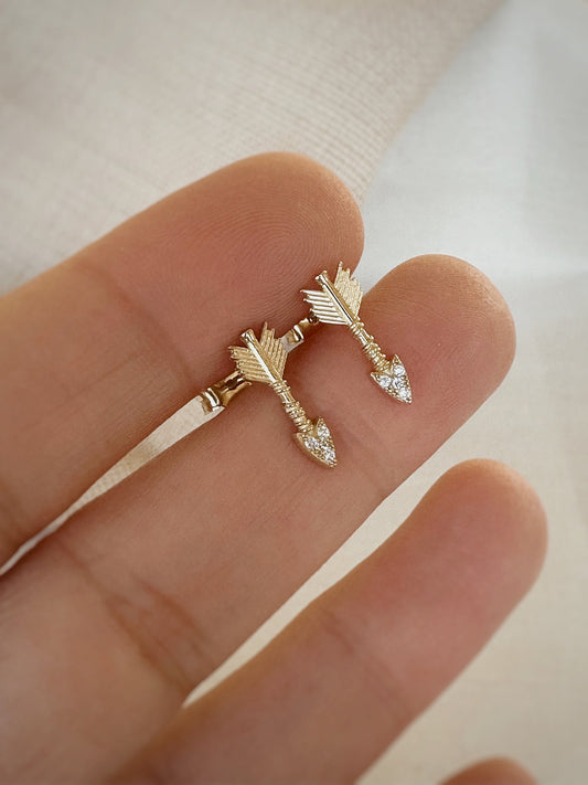 Solid Gold Tiny Arrow Earrings Pair, 14K Gold Arrow Stud Earrings