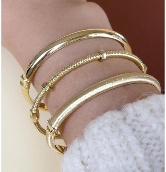 Solid gold triple design bracelet, brushed 14K solid gold cuff bracelet