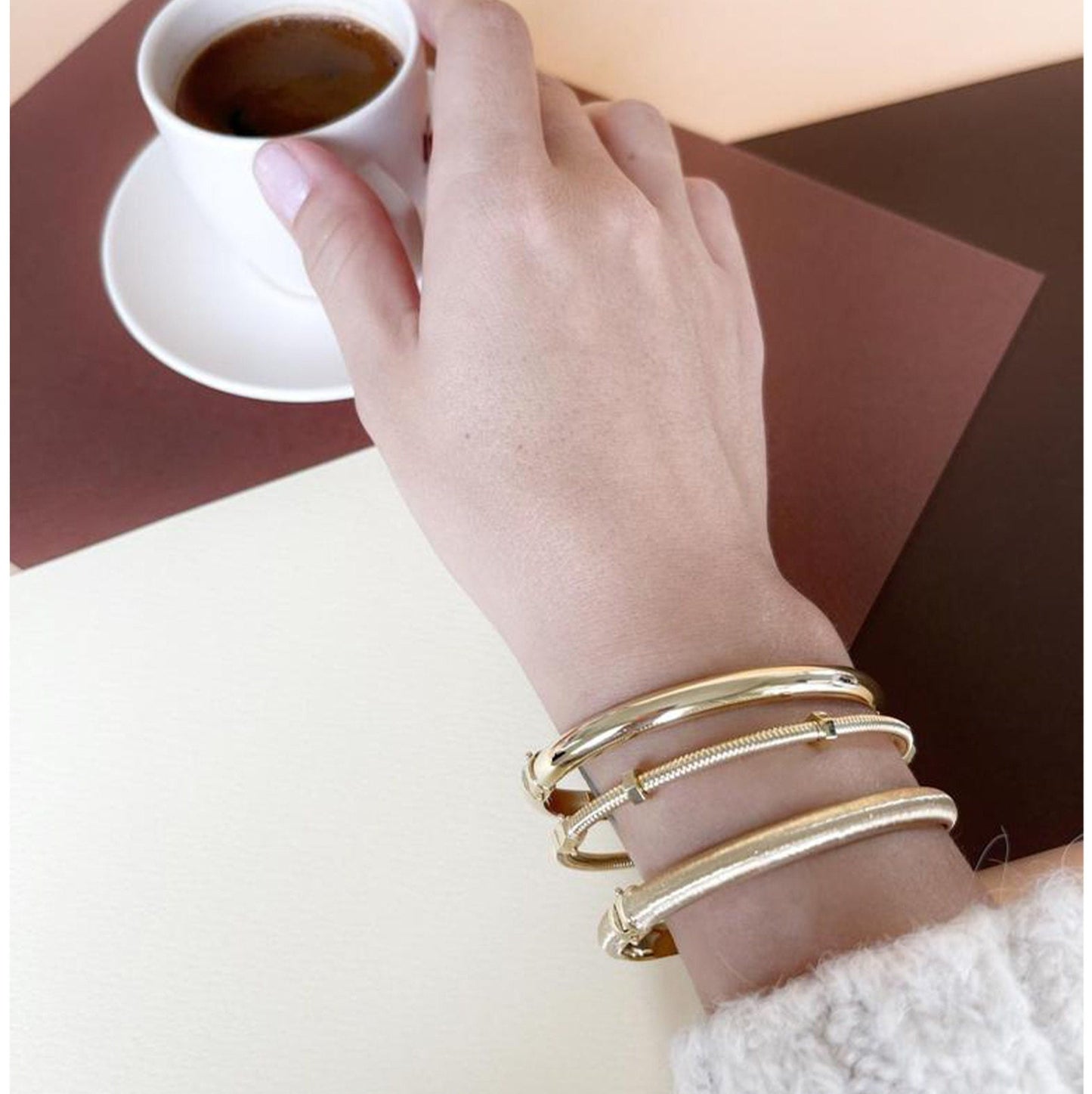 Solid gold triple design bracelet, brushed 14K solid gold cuff bracelet