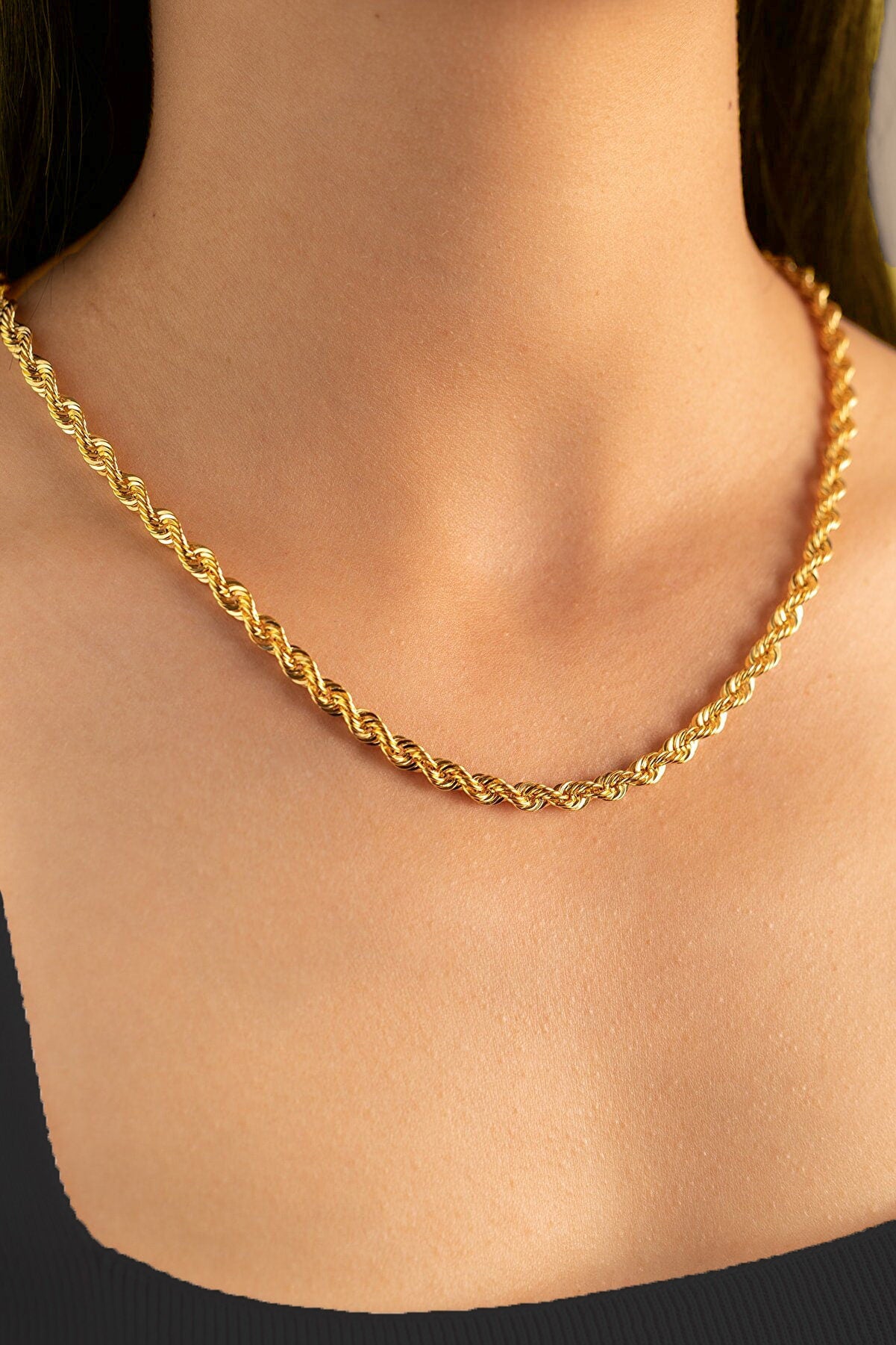 14K Solid Gold Rope Chain Necklace, Diamond cut rope Chain