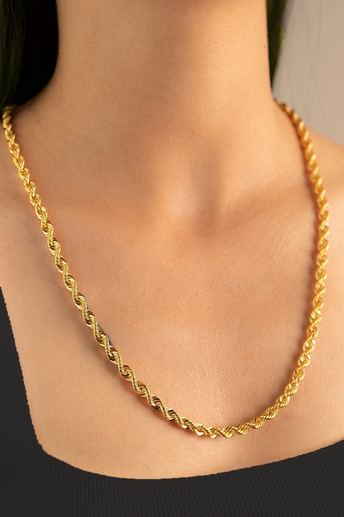 14K Solid Gold Rope Chain Necklace, Diamond cut rope Chain