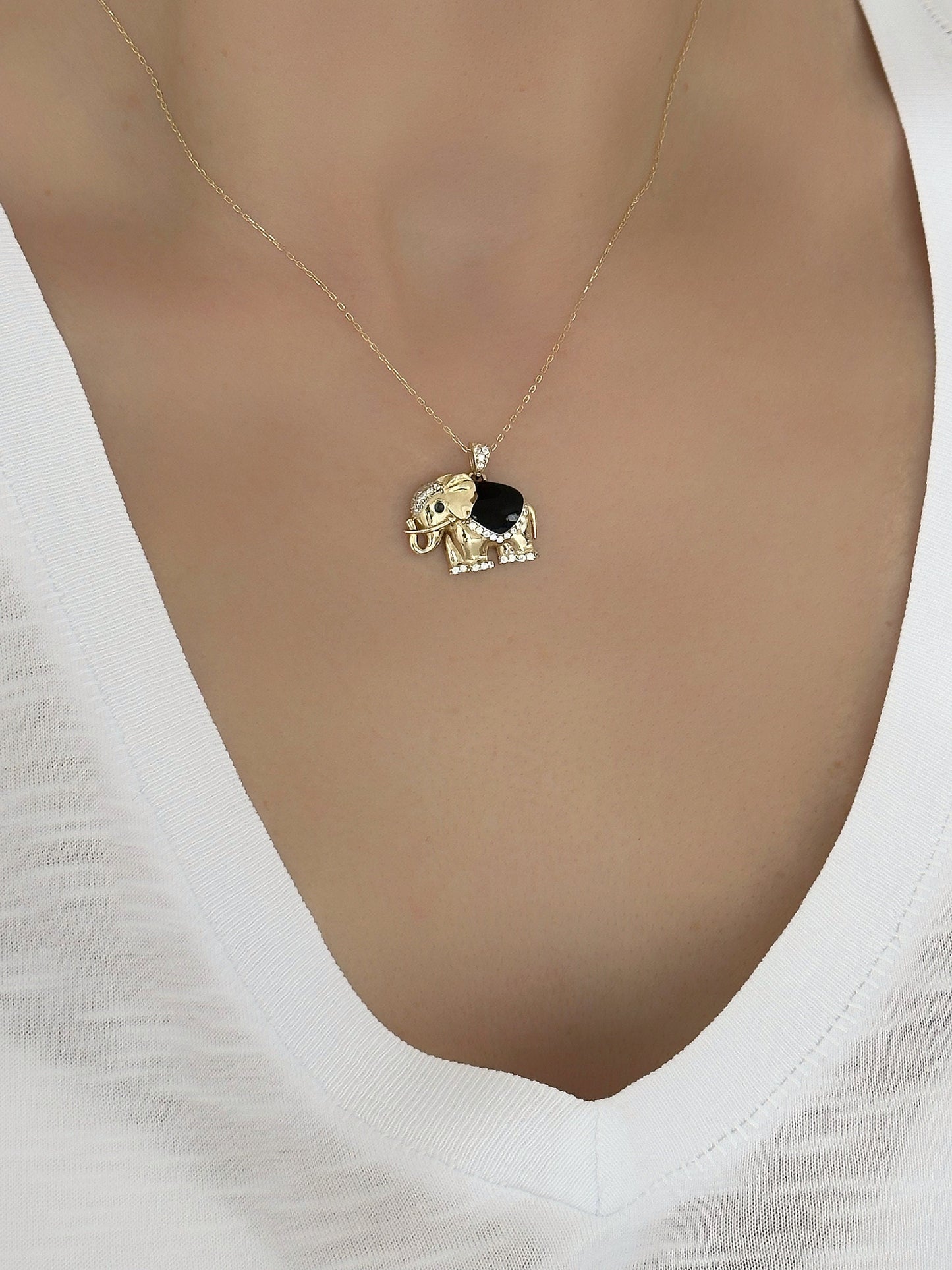 Solid Gold elephant necklace, 14k yellow gold necklace