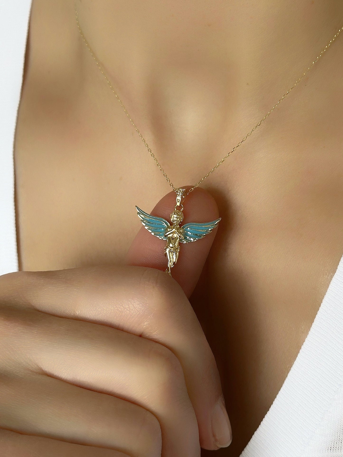 14k solid gold praying angel pendant, Angel jewelry Necklace