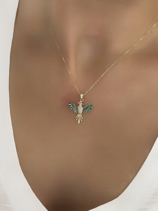 Real 14k Solid Gold Minimal Phoenix Bird Necklace