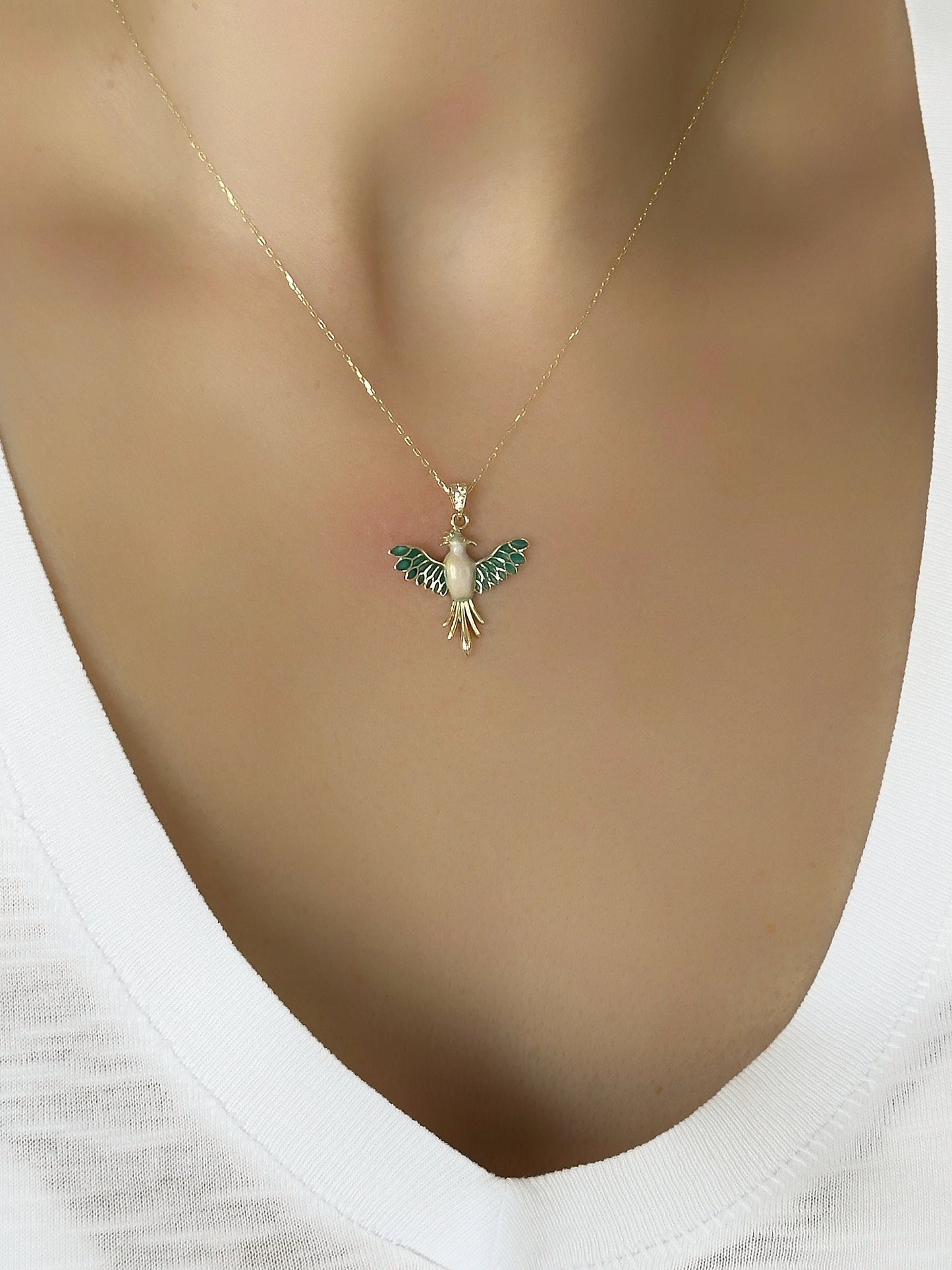 Real 14k Solid Gold Minimal Phoenix Bird Necklace