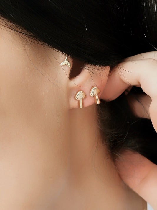 14K Solid Gold, Tiny Mushroom Stud Earrings