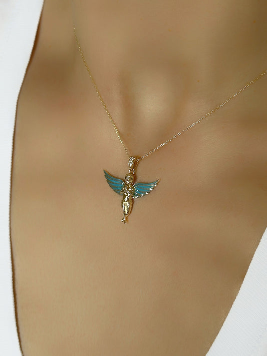 14k solid gold praying angel pendant, Angel jewelry Necklace