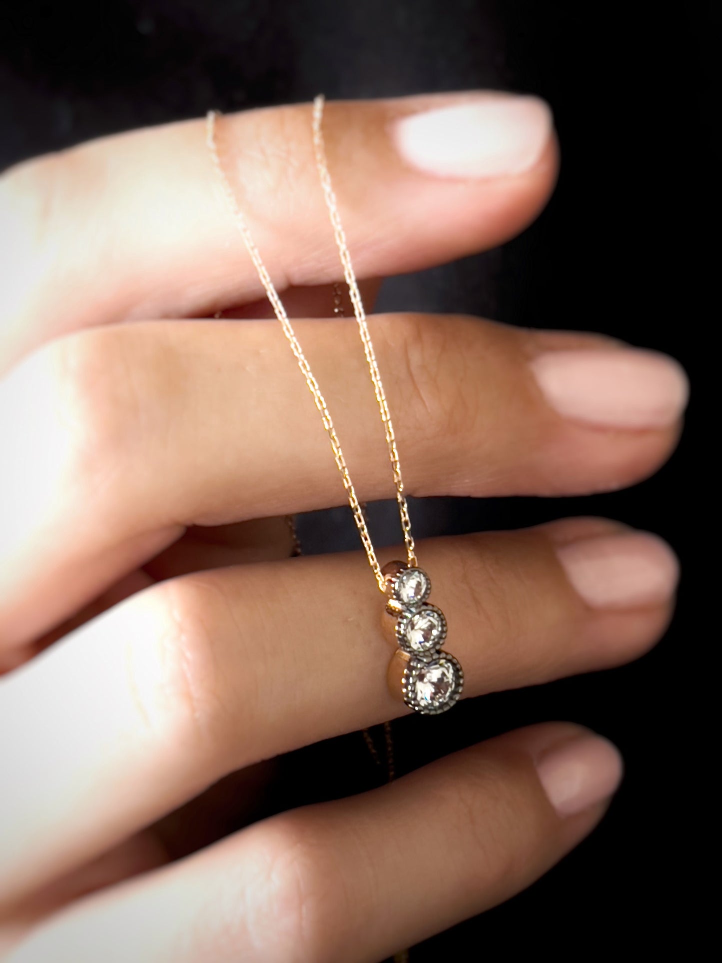 3 Stone Solid Gold Necklace, 14K Gold Diamond Necklace