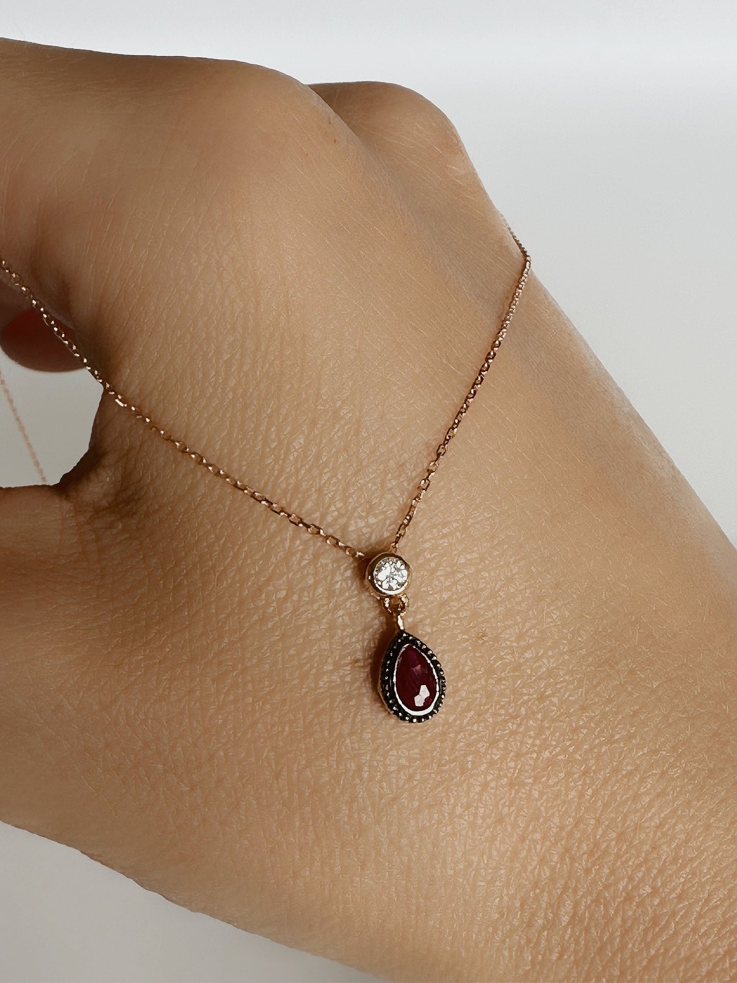 14Kt Gold Ruby Necklace, Ruby Pendant, Ruby Teardrop Necklace