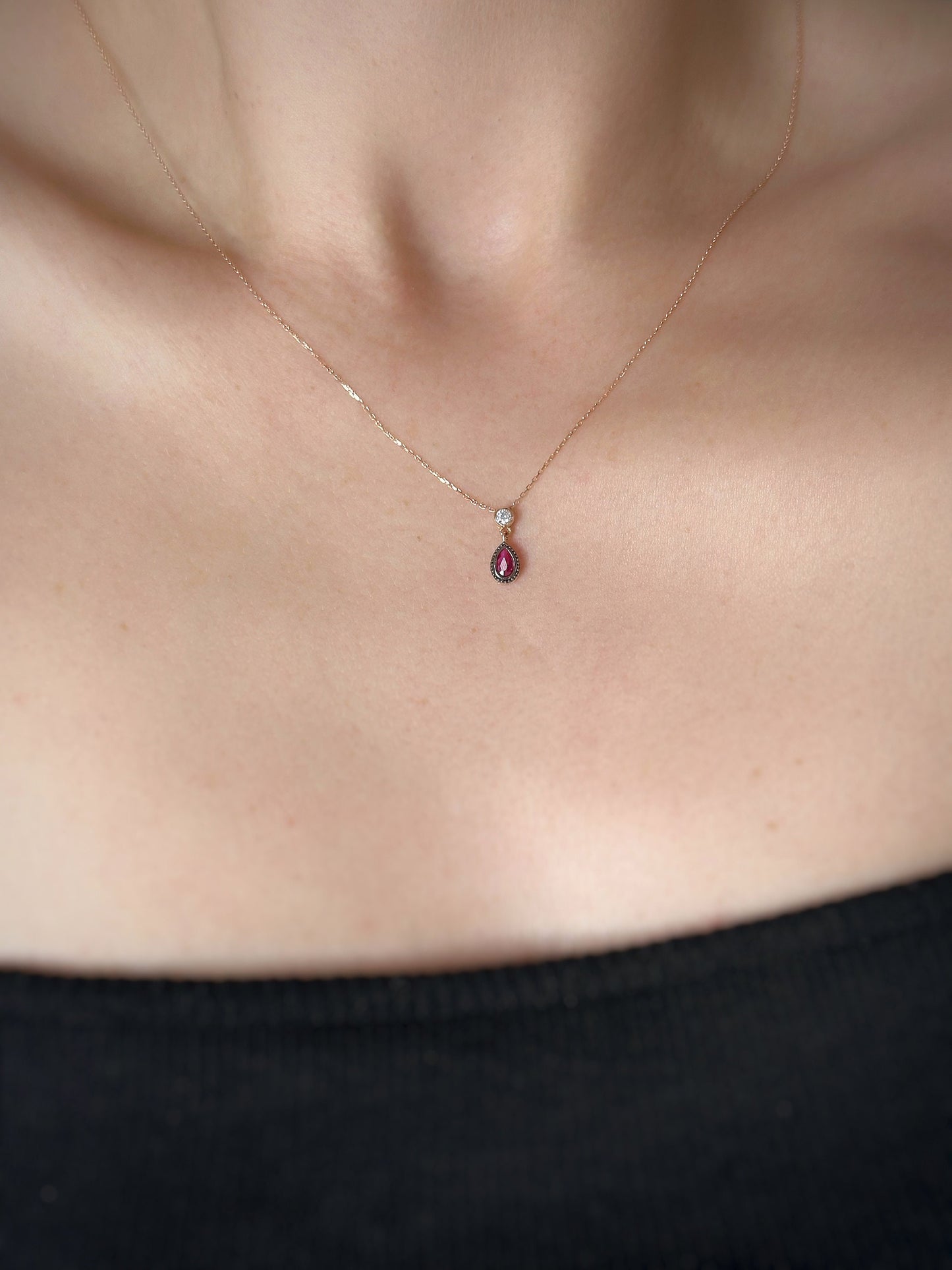 14Kt Gold Ruby Necklace, Ruby Pendant, Ruby Teardrop Necklace