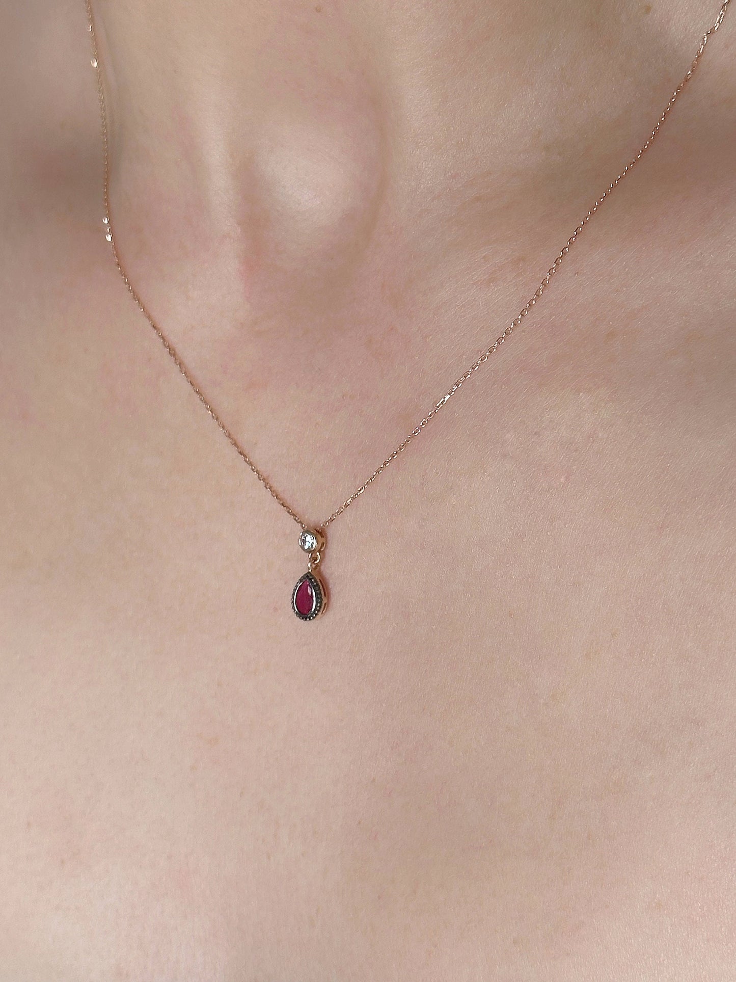 14Kt Gold Ruby Necklace, Ruby Pendant, Ruby Teardrop Necklace