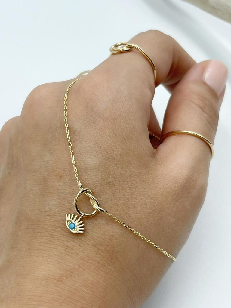 14K Solid Gold Blue Evil Eye Anklet